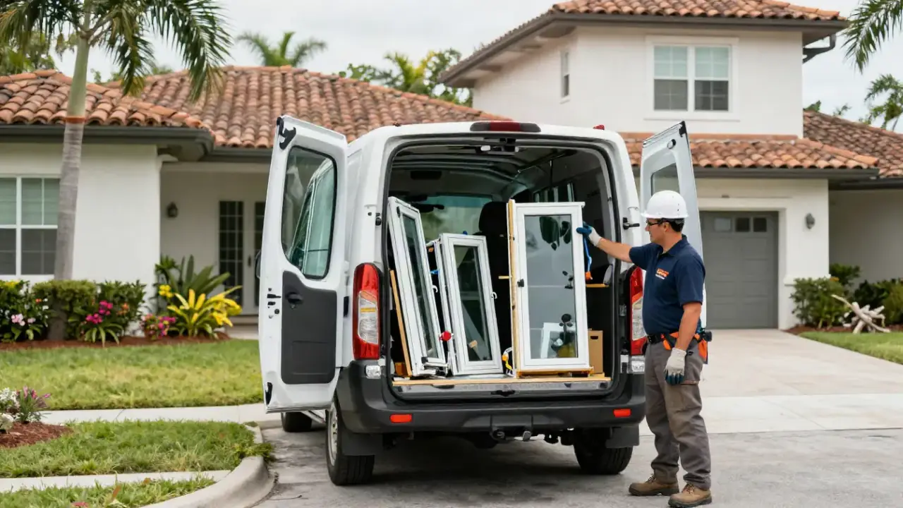 Windows Repair and Installation in Sunrise: professional service vehicle (van or truck) parked in front of a residential