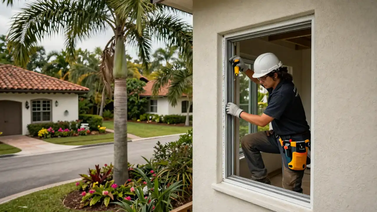 Windows Repair and Installation in Sunrise: close-up of a window technician's gloved hands precisely applying a bead of