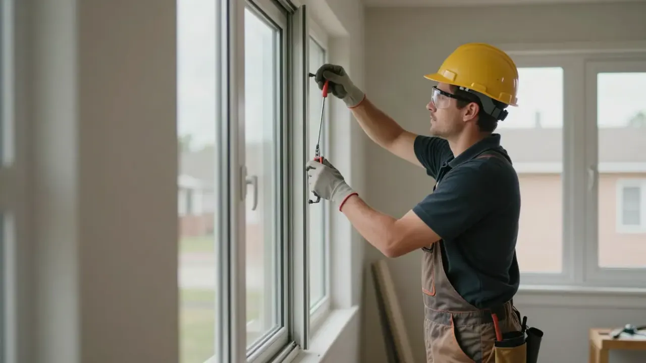 Window Repair in Sunrise: window technician adjusting the balance springs within the frame of a sticky double-hung window in