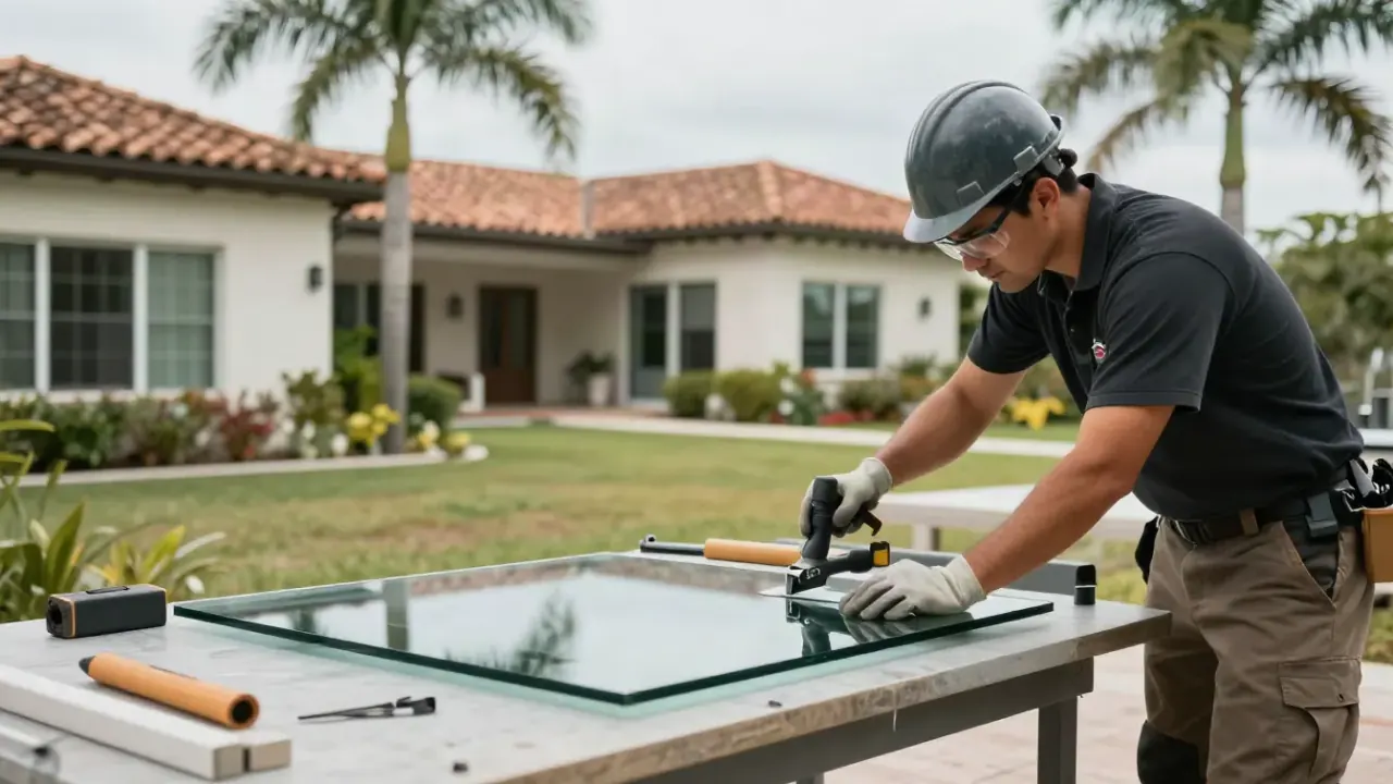 Windows Repair and Installation in Sunrise: detailed shot of a professional-grade glass cutting tool precisely scoring a