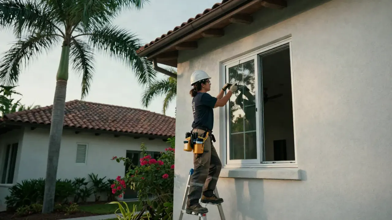Window Installation in Sunrise: window technician applying a bead of silicone sealant around the exterior perimeter of a