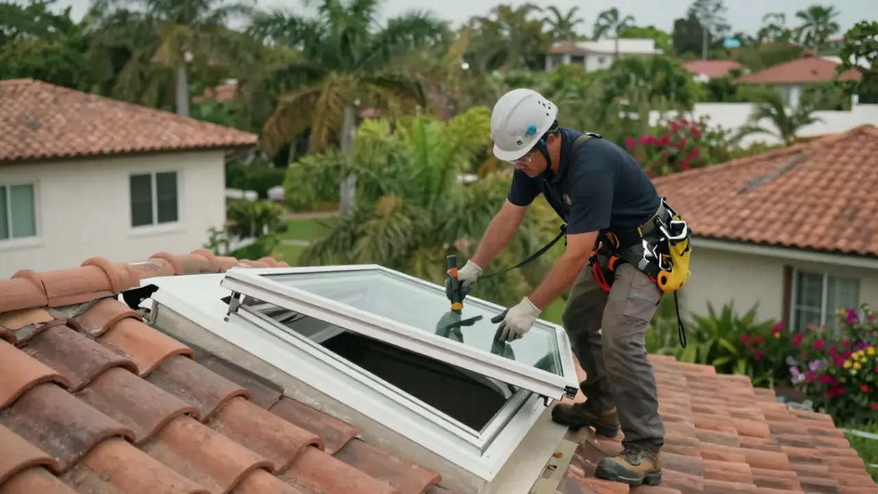 Windows Repair and Installation in Sunrise: window technician on a residential roof, wearing a hard hat and harness