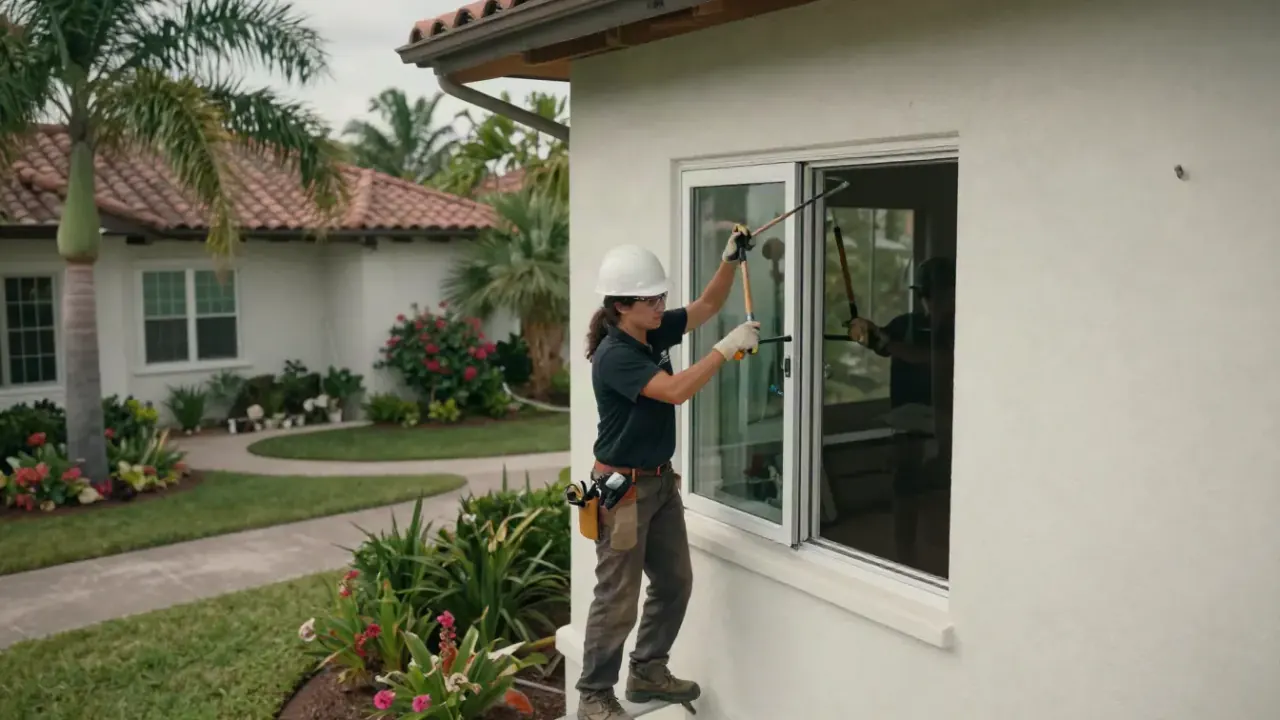 Window Replacement in Sunrise: window technician carefully prying out an old, damaged single-pane window from its frame on