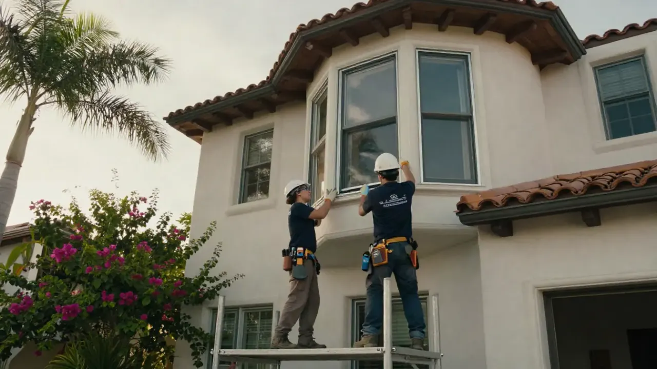 Windows Repair and Installation in Sunrise: Two window technicians on scaffolding carefully hoisting a large, pre-assembled