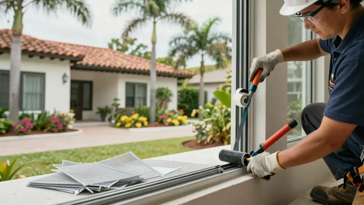 Windows Repair and Installation in Sunrise: close-up of a window technician's hands using a screen roller tool to embed new